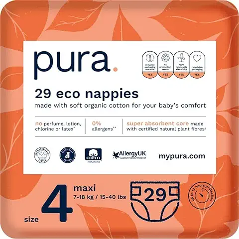 Pura Ecológico Pañales para Bebés y Niños Pequeños Talla 4 (Maxi 7-18kg) 1 Paquete de 29 Pañales, con Certificación Ecológica de la UE, piel Sensible, Hasta 12 Horas de Protección Contra Fugas  