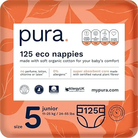 Pura N5 - Premium Eco Pañales Bebé Tamaño 5 (Junior 11-25 Kg/24-55 Lbs), 5 Paquetes de 25 Pañales (125 Pañales), Fibras Vegetales Naturales, Puros, Respetuosos con el Medio Ambiente  