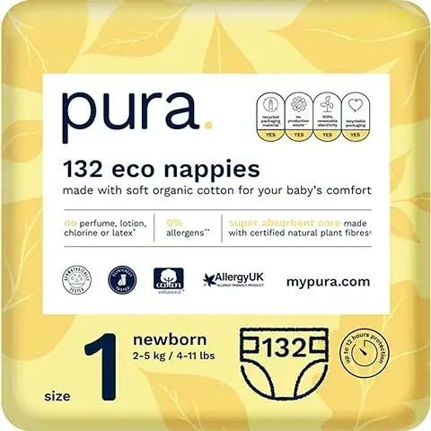 Pura Pañales Ecológicos para Bebés Talla 1 (recién Nacido 2-5kg) con Indicador de Humedad, Paquete Mensual 6x22 por Paquete,132 Pañales, con Certificado Ecológico de la EU, con Algodón Orgánico  