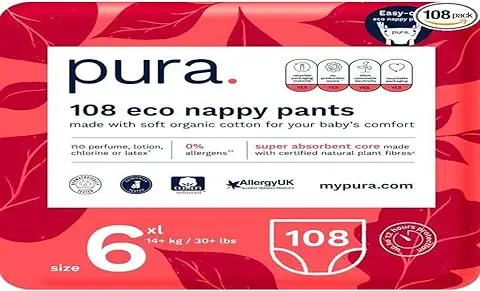 Pura Pañales Ecológicos Talla 6 (9-14kg) Pack Mensual 6 x 18 Total 108 Pañales para Niños y Niñas, sin Perfume, para uso Nocturno, piel Sensible, pull ups  