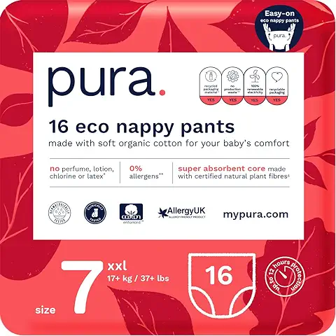 Pura Pantalones de Pañales Ecológicos Talla 7 (17+kg/37+lbs) 1 Paquete de 16 Pañales de Entrenamiento para Bebés y Niños Pequeños, para Niños y Niñas, Certificado con la Etiqueta Ecológica de la UE  
