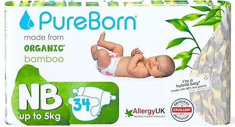 PureBorn Pañales Bebé Ecológicos de Bambú, Talla Recién Nacido, 34 Piezas, Ultrasuaves, Hipoalergénicos, Estampado Surtido, Indicador de Humedad  