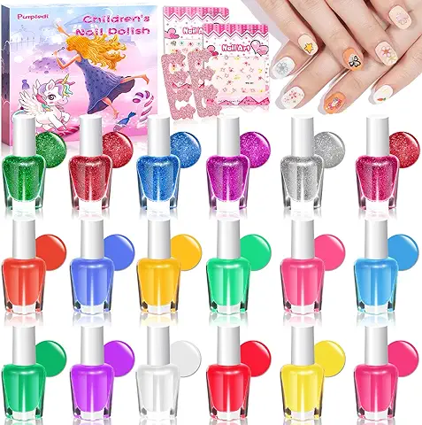 Purpledi Set 18 Pintauñas Niñas, Set Manicura Niñas, Kit de Esmalte de Uñas a Base de Agua de 18 Colores con Pegatina, No Tóxico, Esmalte Uñas Infantil al Agua, Regalo para Niñas 3 4 5 6 7  