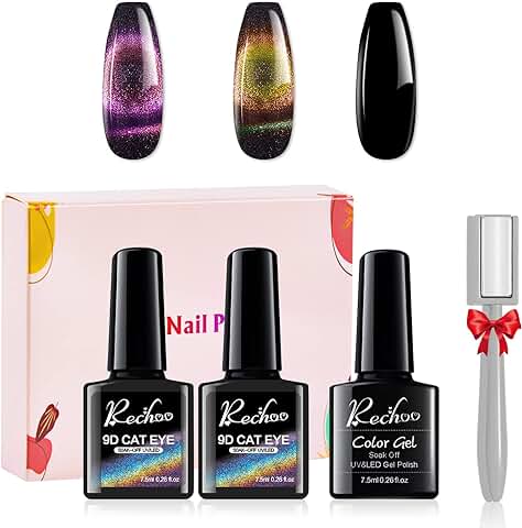Rechoo 3pcs Cat Eyes Esmalte Semipermanente-2 * 8ML Esmalte de Uñas en Gel Magnético+1 * 8ML Soak Off Gel Nail Polish Negro, 9D Rosa y Oro Esmalte en Gel para Ojos de Gato  