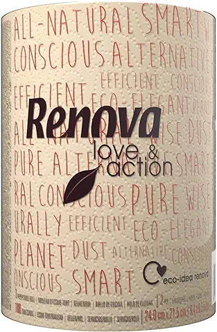 Renova Rollo de Cocina Ecológico Love & Action | 1 Rollo de Cocina Tamaño XXL | Color Kraft | Papel Certificado FSC®  