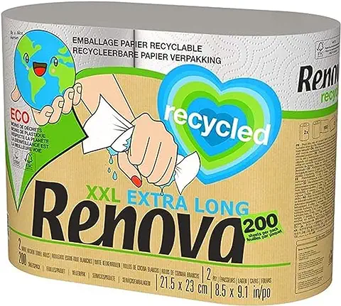 Renova Rollos De Cocina Renova Recycled | 2 Rollos Reciclados Envueltos en Papel, Equivalentes a 5 Rollos Estándar | Sin Plásticos | Certificado FSC® y Ecolabel  
