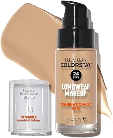 Revlon Color Cosmetics ColorStay Base de Maquillaje 24H, para Piel Mixta/Grasa, Fórmula Enriquecida con Vitamina E, SPF 15, Resistente al Agua (Tono #180 Sand Beige) - 30 ml  