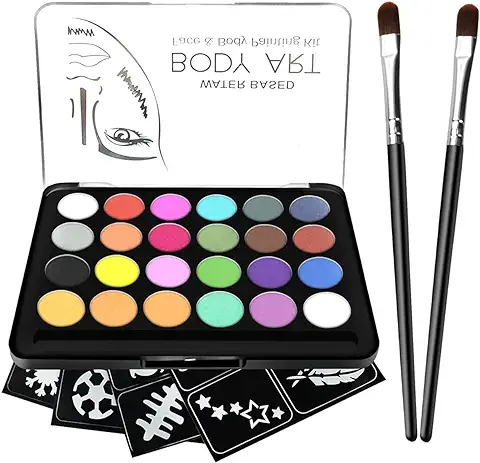 RIOGOO Kit de Pintura Facial para Niños, 32 Plantillas, 24 Pinturas Grandes a Base de Agua, 2 Pinceles, Pintura Facial y Corporal, Seguro y no Tóxico, para Pintar la Cara de la Fiesta de Halloween  