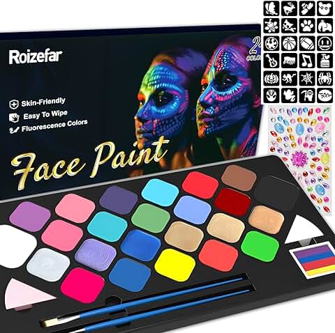Roizefar Pintura cara Niños - 24 Colores, Maquillaje al Agua, Pintura de cara para Niños, Paleta de Pintacaras Infantil, Purpurina, Gemas, para Halloween, Festivales  