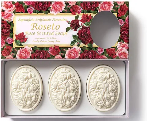 Roseto, Jabón de Rosa, pack Regalo 3 Pastillas de 125 g, Jabón Italiano de Fiorentino  