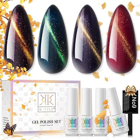 RSTYLE Esmaltes Semipermanentes de Uñas en Gel 4 Colores Rojo Esmalte de Uñas de Gel Shellac Pintauñas Soak Off UV LED Nail Art Manicura DIY 5ML Botella Set Ojo de Gato Cat Eye Magnético Glitter  