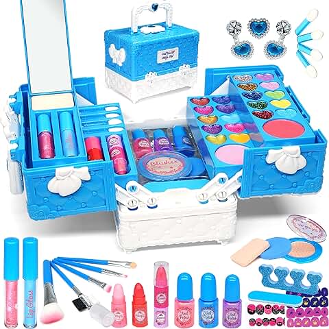 Set de Maquillaje para Niños Niñas - 48 PCS Kit de Juguete de Maletin Maquillaje Niñas No Tóxico,Frozen Cosmético,Juego de Simulación,Cumpleaños Regalo para Niños de 3,4,5,6,7,8,9,10 Años  