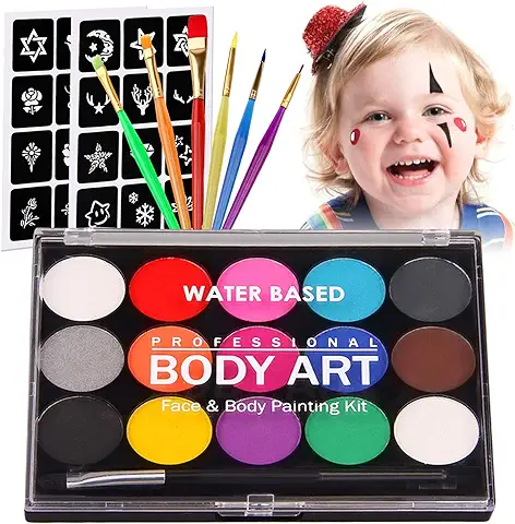 Siebwin Pinturas Cara para Niños Kit Maquillaje 31Pcs, 15 Colores Seguridad No Tóxica Pintura Facial, Kit de Pintura Facial con 24 Plantillas 7 Pinceles para Niños Halloween Fiestas Cosplay  