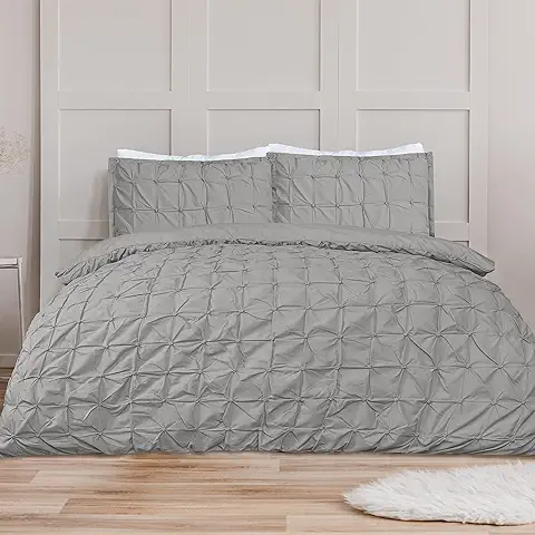 Sleepdown - Juego de Funda de Edredón Suave con Fundas de Almohada para Cama King (220 x 230 cm), Diseño Plisado, Color Gris  
