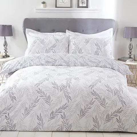 Sleepdown Trailing Leaf-Juego de Funda de Edredón Reversible de Polialgodón de Fácil Cuidado, Diseño Floral, Color Gris y Blanco, Tamaño King (230 x 220 cm), Matrimonio  