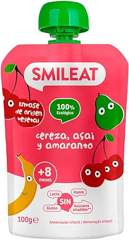 Smileat - Pouch Ecológico de Cereza, Açai y Amaranto, Ingredientes Naturales Bebibles, Para Bebés a Partir de los 8 Meses - 100g  