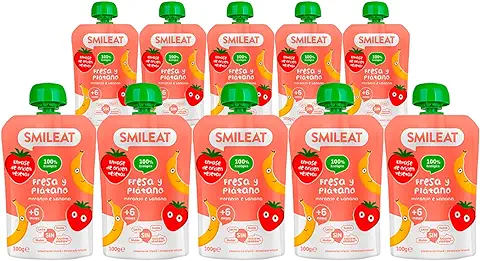 Smileat - Pouches de Fresa y Plátano Ecológicos, Ingredientes Naturales Bebibles, Para Bebés a Partir de los 6 Meses - Pack de 10x100g - 1000g  
