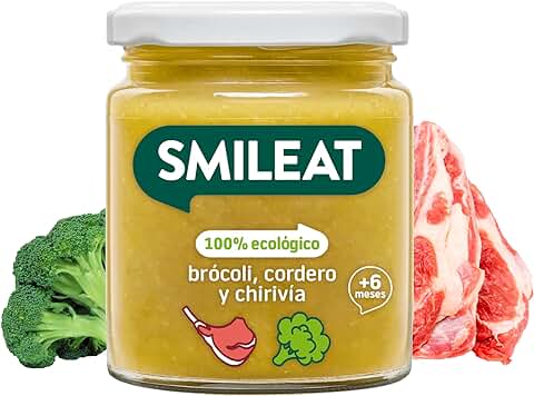 Smileat - Tarrito Ecológico con Verduras, Ingredientes Naturales, para Bebés Desde 6 Meses, Sano y Saludable, sin Gluten, Sabor a Brócoli, Cordero y Chirivía - Tarro de 230 g  