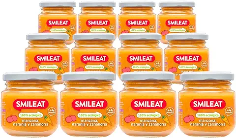 Smileat - Tarritos Ecológicos de Frutas, para Bebés Desde 4 Meses, sin Gluten, Manzana, Naranja y Zanahoria - Pack de 12 x 130 g = 1560 g  