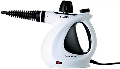 Solac LV1301 - Limpiador de Vapor a Mano. Depósito de 350ml. Usos Múltiples. Cable de 3m. 9 Accesorios. Listo en 3 min. Safety Confort. Sistema Antigoteo. Mango Ergonómico. Blanco  