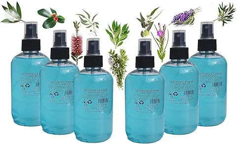 SPRAY ANTIVIRICO DESINFECTANTE PACK 6 UNIDADES 250ML 100% Natural 10 Aceites Esenciales. Limpiador Hidroalcohólico, Piel, Mascarillas, Textil, Superficies y Aparatología  