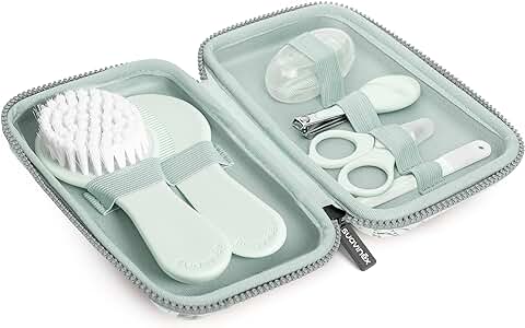 Suavinex, Neceser Set Manicura para Bebés, +0M, Kit Cuidado del Bebé con Cepillo, Peine, Cepillo Dental, Tijeritas, Lima y Cortaúñas. Neceser Impermeable con Cremallera, Verde  