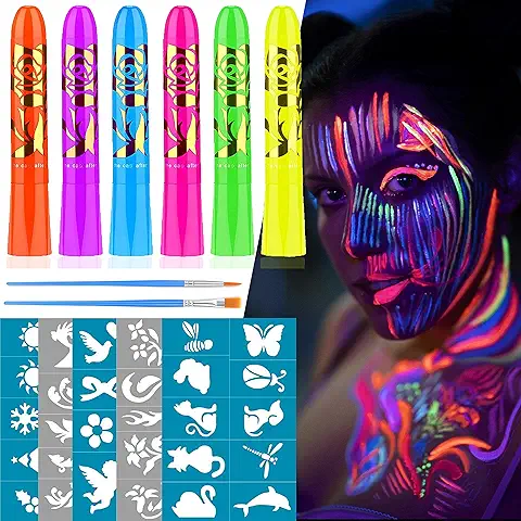 SUGERU®Pintura Fluorescente Neón de Cara-6 Colores Kit,Pintura Cara Niños Hipoalergenica,UV Fluorescente en la Oscuridad,Lavable,No Tóxico,para Cara y Cuerpo,Halloween,Mardi Gras,Fiesta de Disfraces  
