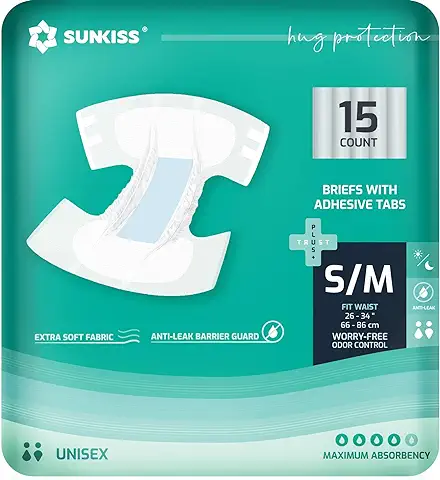 SUNKISS TrustPlus Pañales Incontinencia para Adultos, Bragas Absorbentes con Ddhesivos para Ancianos, Hombres y Mujeres, Unisex, Máxima Absorción, Protección Contra Fugas, Talla S/M, 15 Unidades  