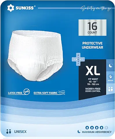 SUNKISS TrustPlus Pantalones Incontinencia para Adultos, Bragas Absorbentes para Hombres y Mujeres, Ropa Interior Absorbentes para Ancianos, Unisex, Bloquean el Olor, XL Noche, 16 Unidades  