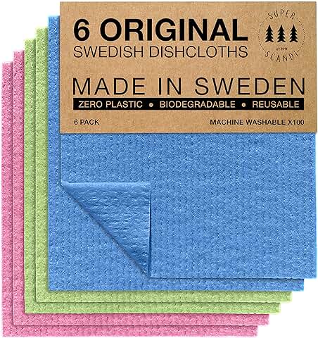 SUPERSCANDI | Bayeta Sueca Super Absorbente, Reutilizable Y Ecologica | Paños De Cocina Biodegradables De Celulosa Y Algodón | Bayeta Cocina | Trapo Cocina, Limpieza | Pack x6, Multicolor  