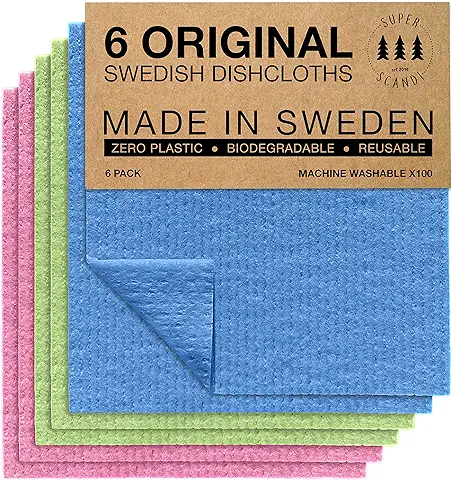 SUPERSCANDI | Bayeta Sueca Super Absorbente, Reutilizable Y Ecologica | Paños De Cocina Biodegradables De Celulosa Y Algodón | Bayeta Cocina | Trapo Cocina, Limpieza | Pack x6, Multicolor  