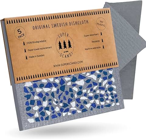 SUPERSCANDI | Bayeta Sueca Super Absorbente, Reutilizable Y Ecologica | Paños De Cocina Biodegradables De Celulosa Y Algodón | Bayeta Cocina | Trapo Cocina, Limpieza | Pack x5, Terazzo Gris  