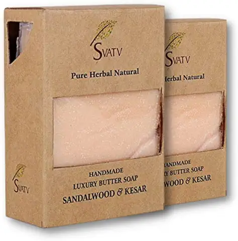 SVATV Jabón Hecho a mano con Hierbas Naturales y Calmantes de Sándalo y Kesar para Hombres y Mujeres - Jabón de Hierbas Ayurvédico Tradicional para todo tipo de piel - 125 g x2 Barras  