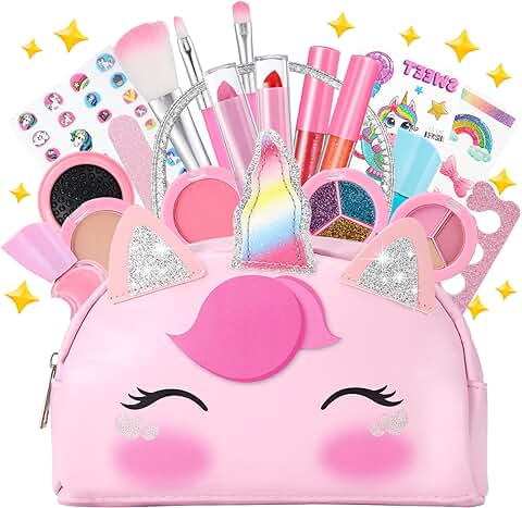 Taricor Maquillaje para Niñas Maletin Maquillaje Niñas Lavable Juego de Maquillaje No Tóxico y Seguro Bolsa de Maquillaje para Niñas Rosa Unicornio Regalo de Cumpleaños y Navidad para Niñas de 3+ Años  