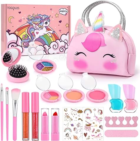 TOGOU2S Maquillaje para Niñas, Bonito Neceser de Maquillaje Rosa Unicornio, Juguetes de Maquillaje Lavable, Seguro y No Tóxico, Maletin Maquillaje Niñas, Regalo Niñas 4 5 6 7 8+ Años, Cumpleaños  