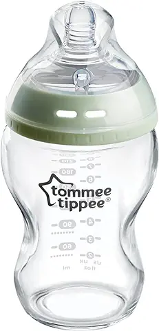 Tommee Tippee Closer to Nature Biberón de Cristal con Tetina con Forma de Pecho y Válvula Anticólico, 250 ml, Pack de 1, Verde  