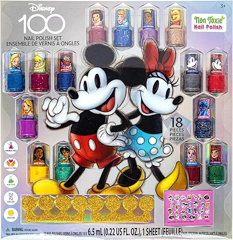 Townley Girl Disney 100 Non-Toxic Peel-Off Nail Polish Set with Shimmery and Opaque Colors with Nail Gems for Girls Kids Ages 3+, Perfect for Parties, Sleepovers and Makeovers, 18 Pcs  