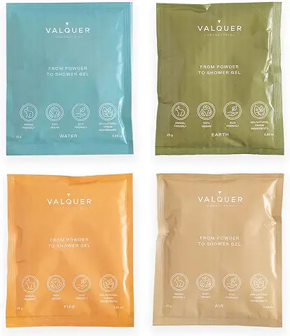 Valquer Laboratorios Shake - pack 4 Geles de Baño Sostenibles. Gel Corporal Refill. Una Botella = Infinidad de Geles. Zero Waste. 25 Gramos = 400 ml gel - 4 Sobres 25 gr (1 de cada Tipo)  