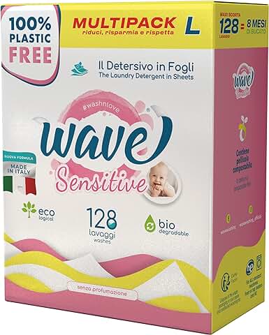 Wave Washing Sensitive – El Detergente en Hojas – 100% LIBRE DE PLÁSTICO – Multipack L - 128 Lavados – Ecológico – Biodegradable – Compostable  
