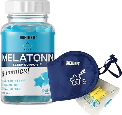 Weider Pack Melatonin 120 Gummies + Antifaz y Tapones . 1 mg de melatonina por gominola. Sin Azúcares y Sin Gluten. Sabor Blueberry.