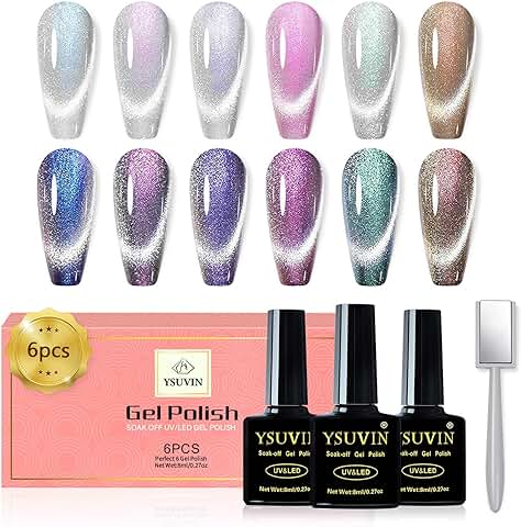 YSUVIN 9D Ojo de Gato Esmaltes Semipermanentes para Uñas, 6 Colores Glitter Magnetita Pintauñas Semipermanentes, Esmalte Uñas Soak Off UV/LED Gel Uñas con un Palo Magnético Nail Art Set  