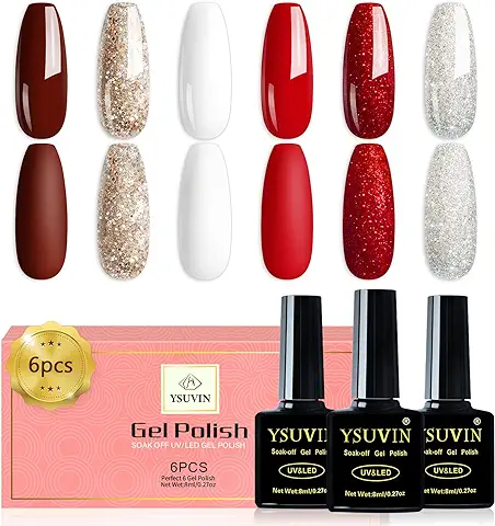 YSUVIN Esmalte Semipermanente, 6 Colores Marrón Champán Blanco Rojo Kit Uñas Semipermanentes, Pintauñas Semipermanentes Soak Off UV/LED Gel Uñas Diy Manicura Nail Art Set, 8ml  
