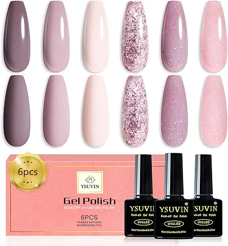 YSUVIN Esmalte Semipermanente, 6 Colores Rosa Marrón Lechoso Glitter Blanco Kit Uñas Semipermanentes, Pintauñas Semipermanentes Soak Off UV/LED Gel Uñas Diy Manicura Nail Art Set, 8ml  