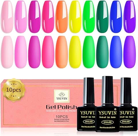 YSUVIN Esmalte Semipermanente Neón, 10 Colores Neón Brillantes Rosa Naranja Amarillo Verde Azul Violeta Pintauñas Semipermanentes Soak Off UV Gel de Uñas DIY Nail Polish Set, 8ml