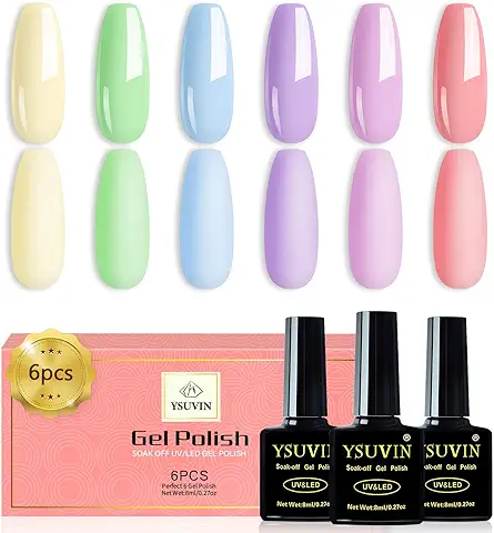 YSUVIN Esmaltes Semipermanentes para Uñas, 6 Colores Pastel Macarrón Rosa Azul Cielo Amarillo Cian Pintauñas Semipermanentes, Esmalte Uñas Soak Off UV/LED Gel Uñas Diy Manicura Nail Art Set  