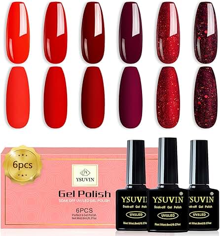 YSUVIN Esmaltes Semipermanentes para Uñas, 6 Colores Rojo Granate Rojo Vintage Rojo Vino Rojo Glitter, Pintauñas Soak Off UV/LED Gel Uñas Diy Manicura Nail Art Set, 8ml  