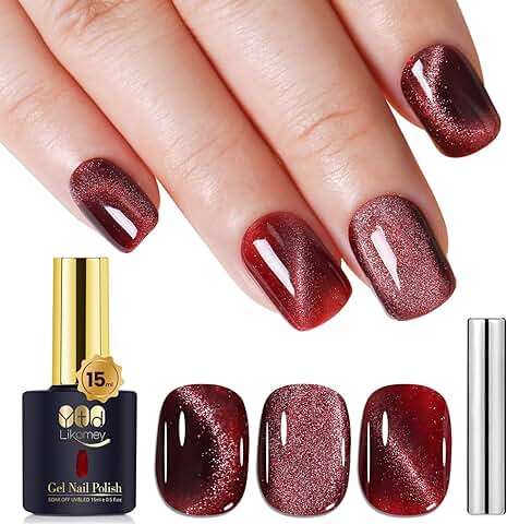 YTD Likomey Esmalte Semipermanente de Uñas en Gel UV LED,15ml Rojo Baya Ojos de Gato Gelatina Brillante 9D Cat Eye Esmaltes de Gel con Barra Magnética,Diseño de Uñas,MY302  